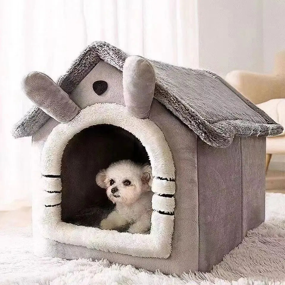 Small Dog & Cat House Bed | Warm Washable Teddy Pet Bed