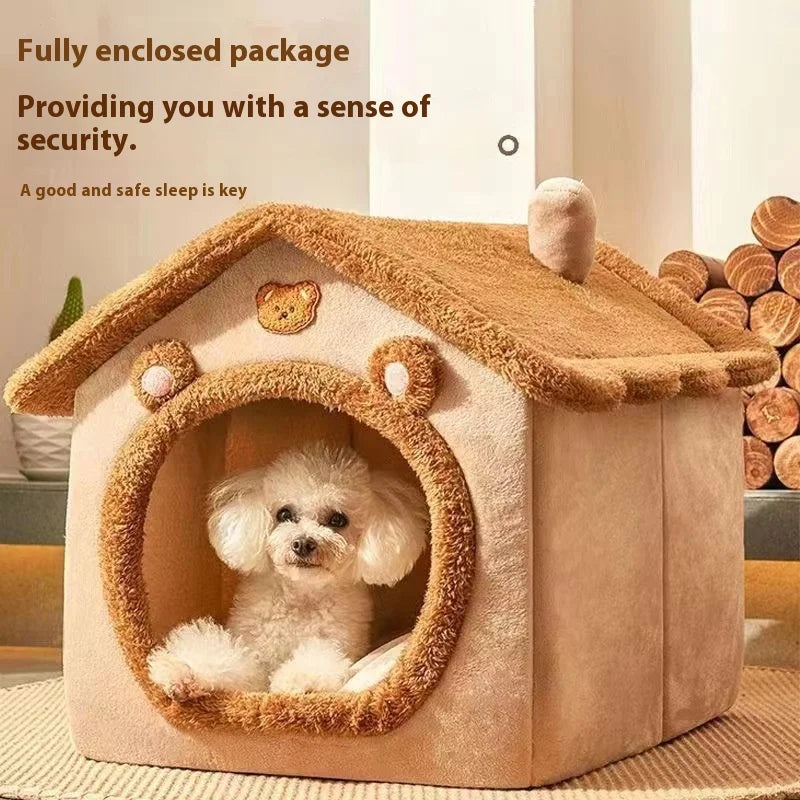 Small Dog & Cat House Bed | Warm Washable Teddy Pet Bed
