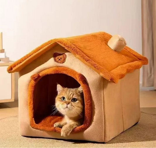 Small Dog & Cat House Bed | Warm Washable Teddy Pet Bed